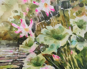 Original Lotus Flower Watercolor Painting, Signed Impressionism Art, 11x15 Unframed