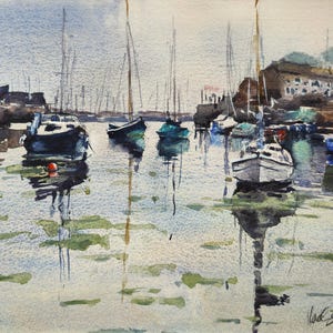 Brixham boats, Devon Coast, Signed Original Watercolour Painting, British Landscape Wall Art, Unframed A3 size