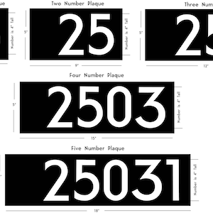 May include: Black rectangular plaques with white numbers, labeled "One Number Plaque" with the number 5, "Two Number Plaque" with 25, "Three Number Plaque" with 250, "Four Number Plaque" with 2503, and "Five Number Plaque" with 25031. The numbers are 4" tall.