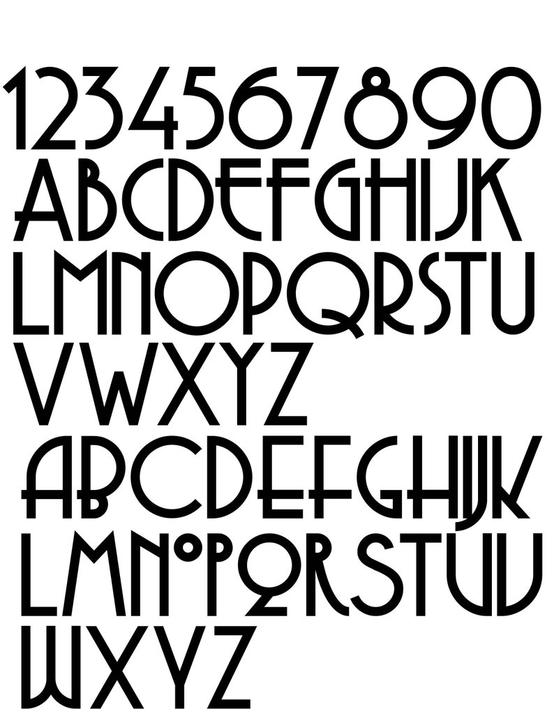 May include: A black and white font alphabet with numbers and uppercase letters. The font is a geometric sans-serif style with rounded corners.