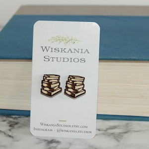 Book Stacks | Laser Cut & Engraved Wood | Stud Earrings