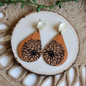 Dahlias | Laser Cut & Engraved Wood | Teardrop Earrings
