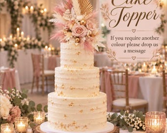 Handmade Floral Wedding Cake Topper | Pink Roses, Palm, Gold Accents