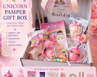 Unicorn Pamper Gift Box, Birthday Spa Set, Face Mask, Bath Bomb, Sweets