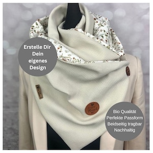 Wrap scarf loop spring autumn ladies triangular scarf with button cream knitted jersey waffle pattern with floral organic cotton jersey