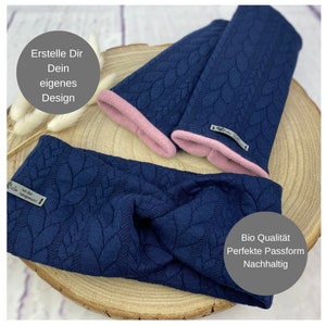 Pulse warmer arm warmers with headband as a set jacquard knitted jersey cable pattern pink with fleece light gray and 18 different colors