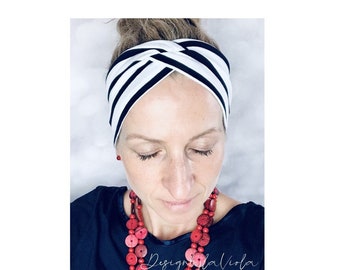 Haarband aus Bio Baumwolljersey, Stirnband, Bandeau, Turbanhaarband für Damen Mädchen Baby Marinelook rot-creme | schwarz weiß gestreift