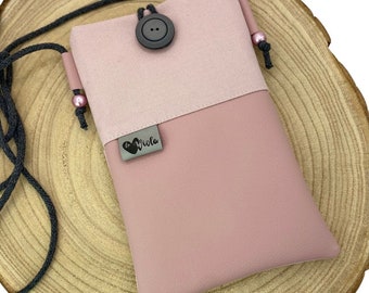 Mobile phone case for hanging in old pink canvas with imitation leather with outside pocket