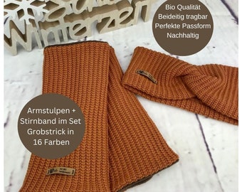 Pulswärmer mit Stirnband als Set Armstulpen Stulpen Grobstrick in 16 verschiedenen Farben Gelb schwarz rosa cognac bordeaux marine beige