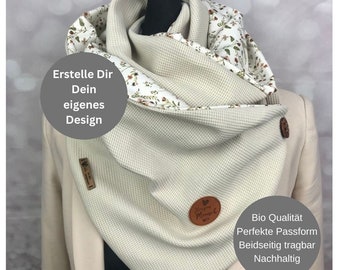 Wickelschal Loop Frühling Herbst Damen Dreieckstuch mit Knopf Creme Strickjersey Waffelmuster mit geblümten Bio Baumwolljersey