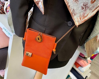 Sacoche pour téléphone portable à suspendre toile simili cuir orange rouille avec poche extérieure
