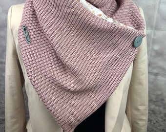 Wickelschal mit Knopf oder Loop Schal Damen Grobstrick Altrosa mit Bio Baumwolljersey mauve geblümt