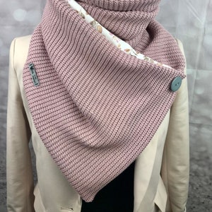 Wrap scarf with button or loop scarf ladies chunky knit old pink with organic cotton jersey mauve floral