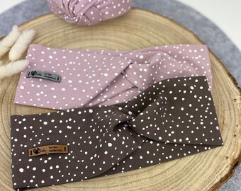 Diadema de jersey de algodón orgánico, bandeau, turbante para mujer, niña y bebé, lunares marrón/rosa viejo