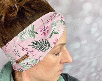 Hairband or headband, headband, bandeau, turban hairband green plain hibiscus floral old pink mint floral