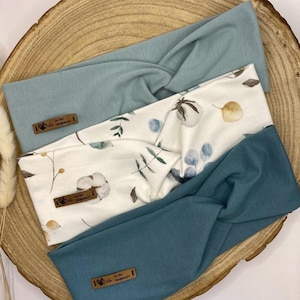 Organic cotton jersey hairband, headband, bandeau, turban hairband for women, girls and babies" antique green sea green light floral