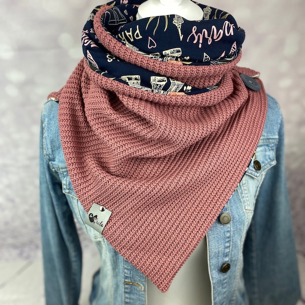 Wrap scarf with button or loop scarf women's organic cotton jersey Paris chunky knit pink knit jersey