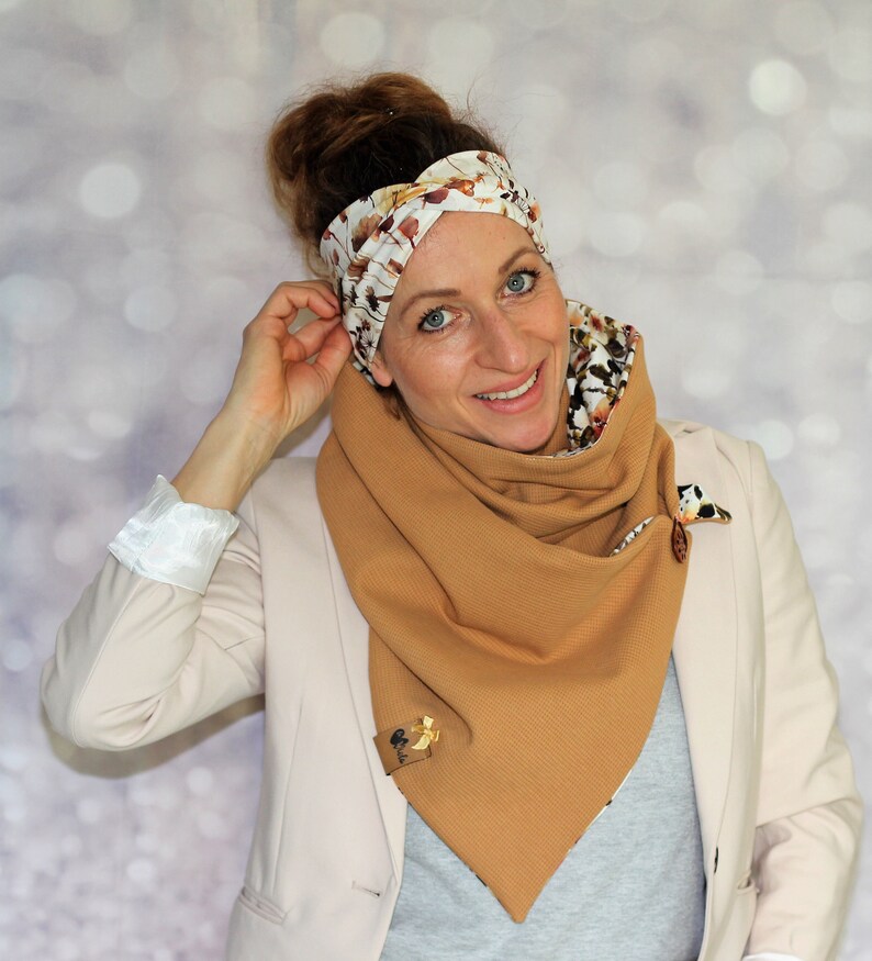 Hairband made of organic cotton jersey headband headband bandeau turban hairband for women, girls baby camel rust Autumn flowers pattern image 3