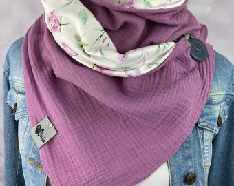 Wrap scarf muslin women's triangular scarf with button or loop scarf old lilac with green branches and flowers