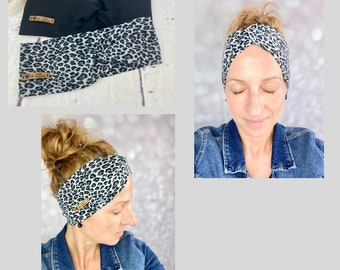 Hairband or hairband made of organic cotton jersey bandeau, turban hairband for women, girls and baby "black and leopard pattern