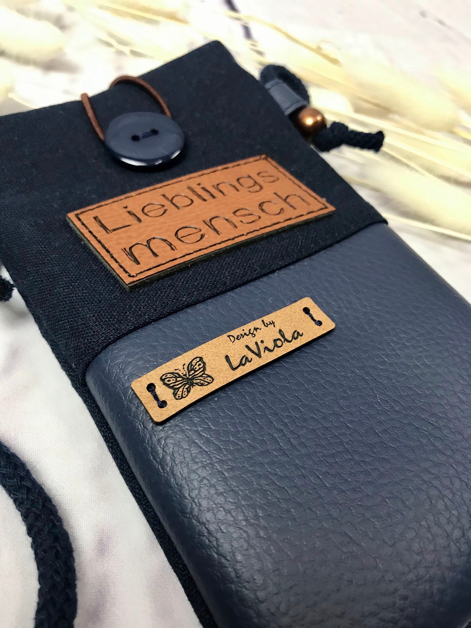 Handytasche zum Umhängen Leder mit marineblauem Canvasstoff | Etsy
