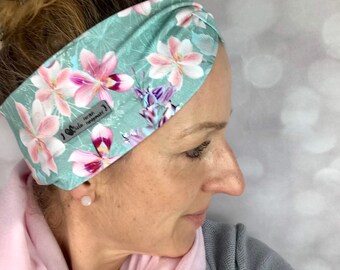 Diadema de jersey de algodón orgánico, tipo bandeau, tipo turbante para mujer, niña y bebé, color rosa | estampado floral verde menta