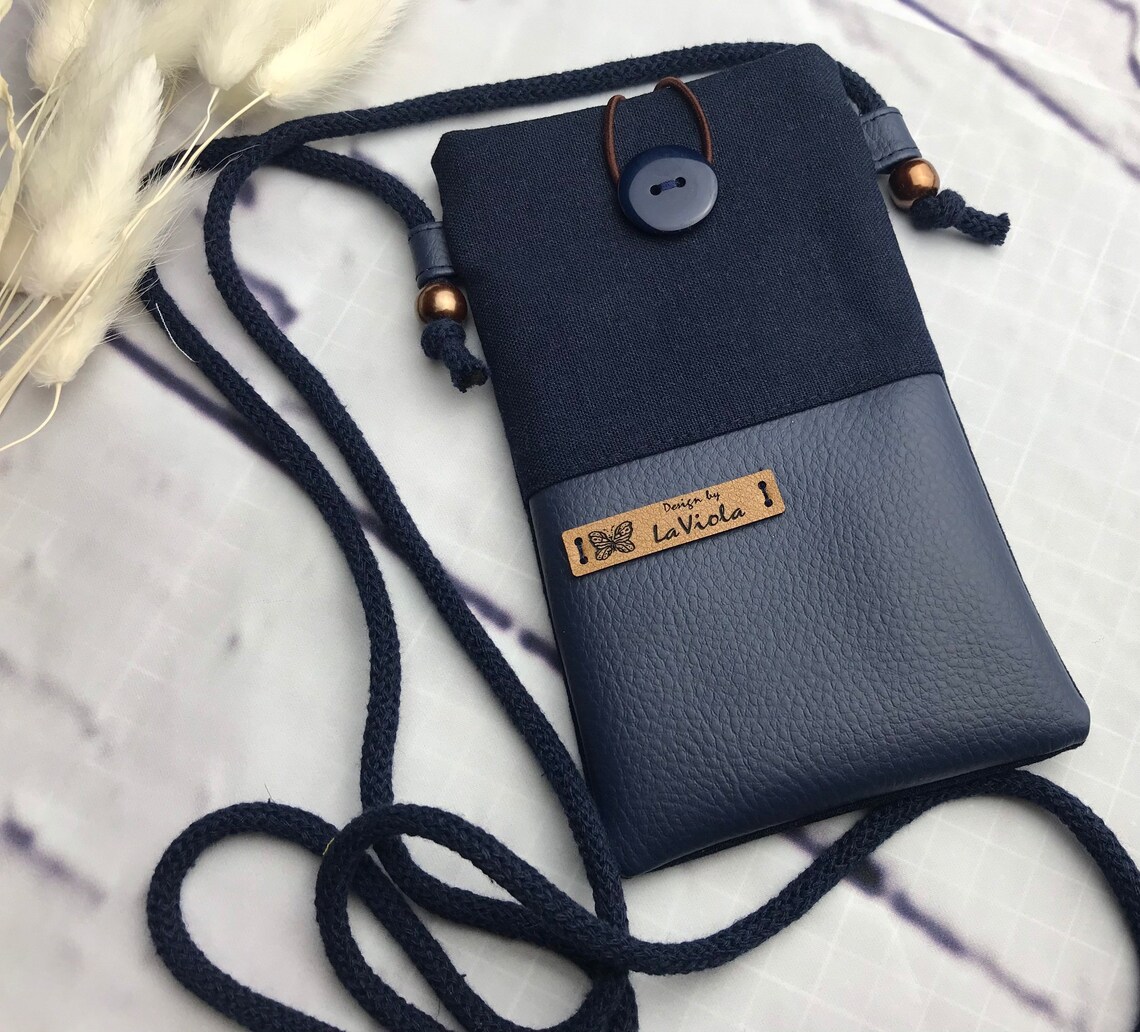 Handytasche zum Umhängen Leder mit marineblauem Canvasstoff | Etsy
