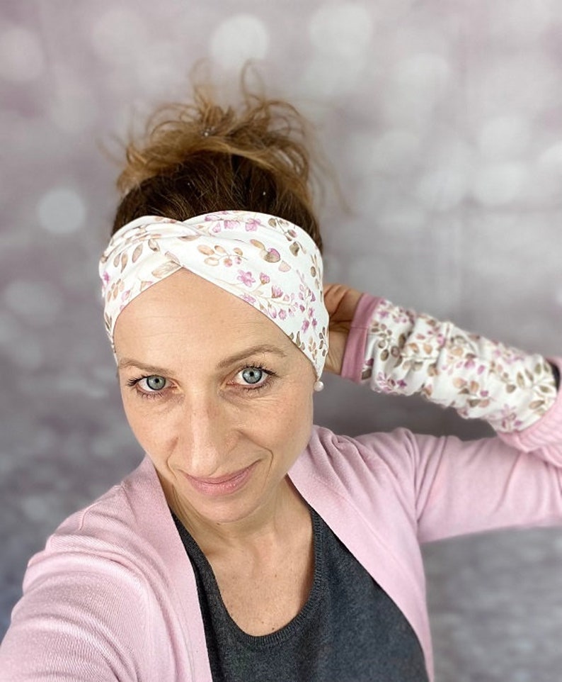 Haarband aus Bio Baumwolljersey Stirnband Headband khaki altrosa geblümt mauve Winterstirnband gefüttert Fleece Bild 4