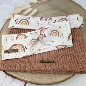 Loop scarf rainbow love with organic cotton jersey and waffle knit chunky knit or soft fleece fabric organic