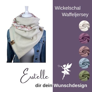 Wikkelsjaal/lus, lente/herfst, driehoekige damessjaal met knoop, crèmekleurige gebreide jersey, wafelpatroon met bloemenprint van biologische katoenen jersey