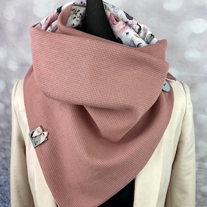 Loop scarf & wrap scarf organic cotton jersey roses with clay pink waffle pattern knitted jersey