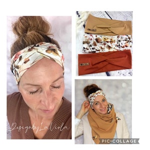 Hairband made of organic cotton jersey headband headband bandeau turban hairband for women, girls baby camel rust Autumn flowers pattern image 2