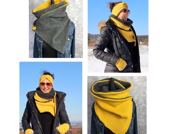 Écharpe portefeuille avec bouton écharpe triangulaire en tricot polaire gris foncé pour femme en grosse maille jaune