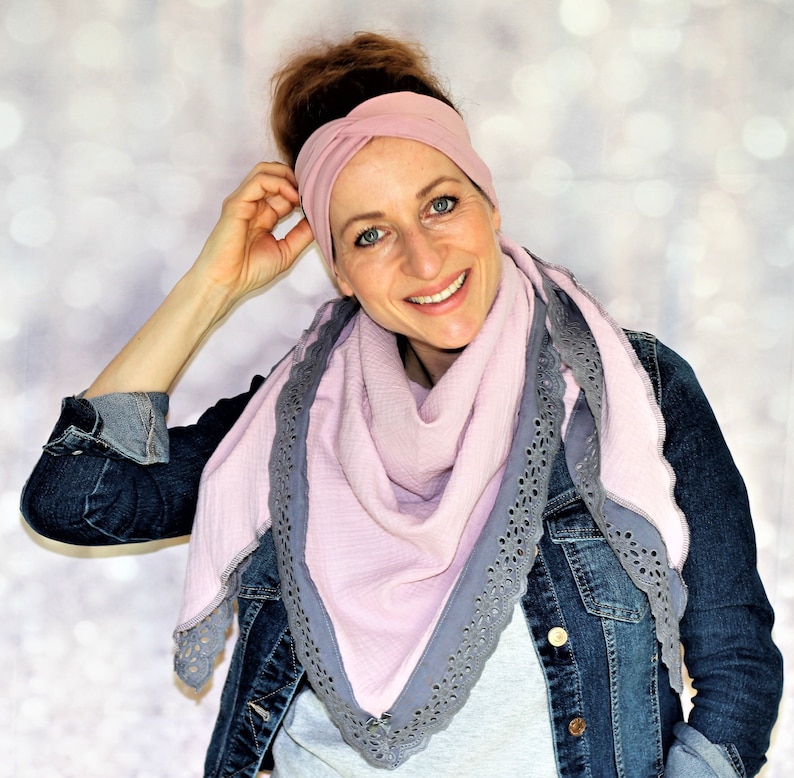 Haarband aus Bio Baumwolljersey Stirnband Headband khaki altrosa geblümt mauve Winterstirnband gefüttert Fleece Bild 7