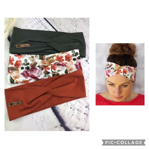 Haarband aus Bio Baumwolljersey Stirnband, Headband, Bandeau, Turbanhaarband für Damen, Mädchen und Baby khaki | rost | Rosen geblümt