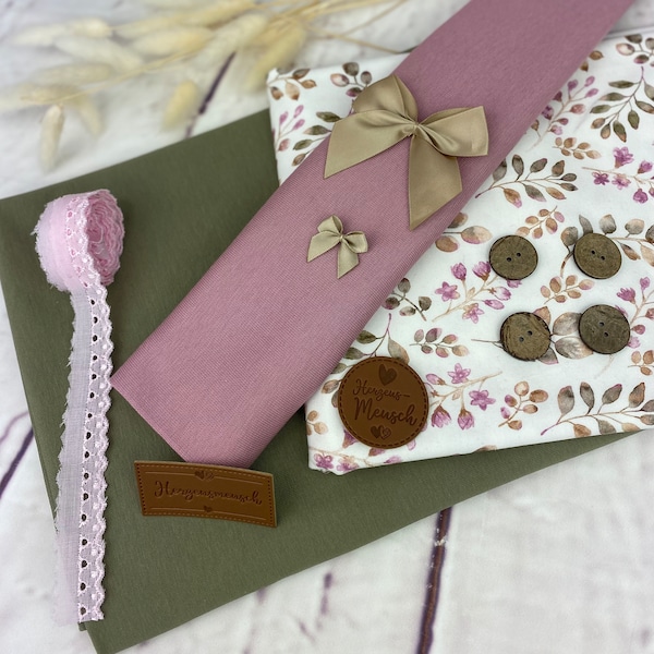 Stoffpaket Jersey mauve geblümt 0,5 m, Jersey olive Stoffset, Sommerjersey | Kunstlederlabels | Spitzenborte