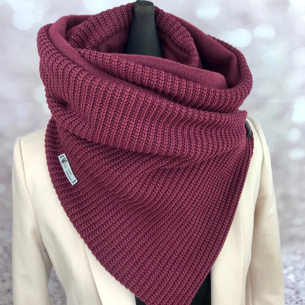 Wickelschal mit Knopf Damen oder Loopschal weinrot Aubergine Grobstrick mit Fleece oder Baumwolljersey Dreieckstuch