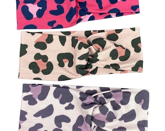 Diadema de punto de algodón orgánico, diadema, bandeau, turbante para mujer, niña y bebé. Estampado Leo Morado Rosa.