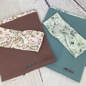 Set headband with matching loop reversible loop in various patterns eucalyptus knit jersey in waffle look mauve floral
