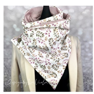 Wrap scarf ladies triangular scarf with button old pink muslin with mauve floral jersey in floral pattern
