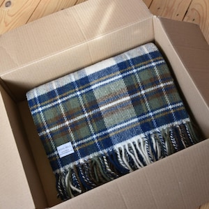 Mist and Tartan Blanket Gift Box| Pure New Wool Throw, British throw Made in the UK, Beige, Blue, Present, house warming