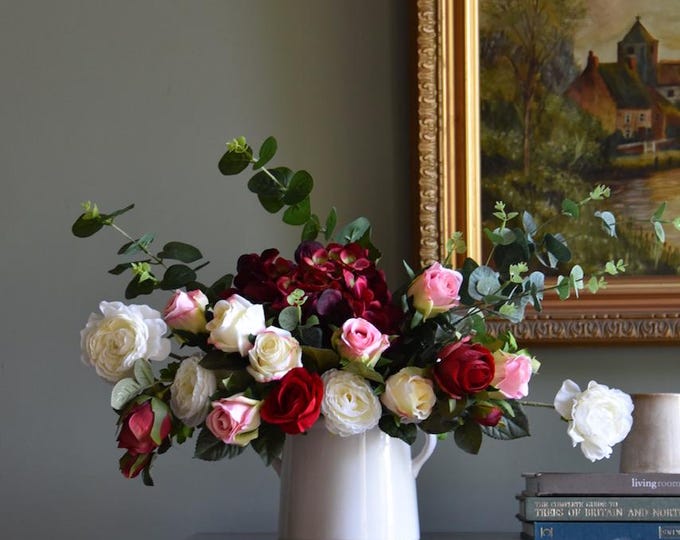 Faux Rose Arrangement Red Hydrangea & Pink, White, Red Roses, Eucalyptus Centerpiece Wedding Home