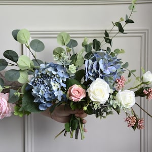 Handmade Bridal Bouquet with Blue Hydrangeas, Pink Ranunculus Roses, Berries &Eucalyptus –Whimsical Wedding Faux Flowers| Table Arrangement