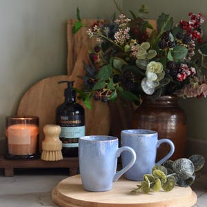 Juego de regalo de taza azul pálido artesanal, cerámica azul marino única, regalo con impresión artística hecha a mano