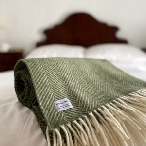 Olive Green Fishbone Pure New Wool Throw Navy British Blanket Made in UK Summer rug, present, gift for her mum country home image 5