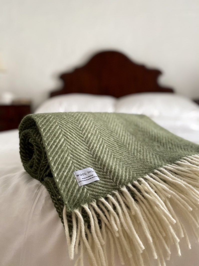 Olive Green Fishbone Pure New Wool Throw Navy British Blanket Made in UK Summer rug, present, gift for her mum country home image 5