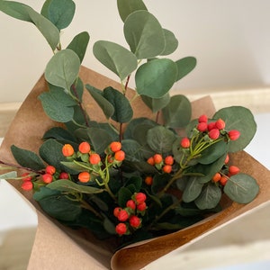 Red and Orange Hypericum Berries with Green Eucalyptus Faux | Artificial arrangement Autumn Buds| Winter Christmas flowers |Greenery