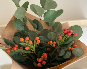 Red and Orange Hypericum Berries with Green Eucalyptus Faux | Artificial arrangement Autumn Buds| Winter Christmas flowers |Greenery