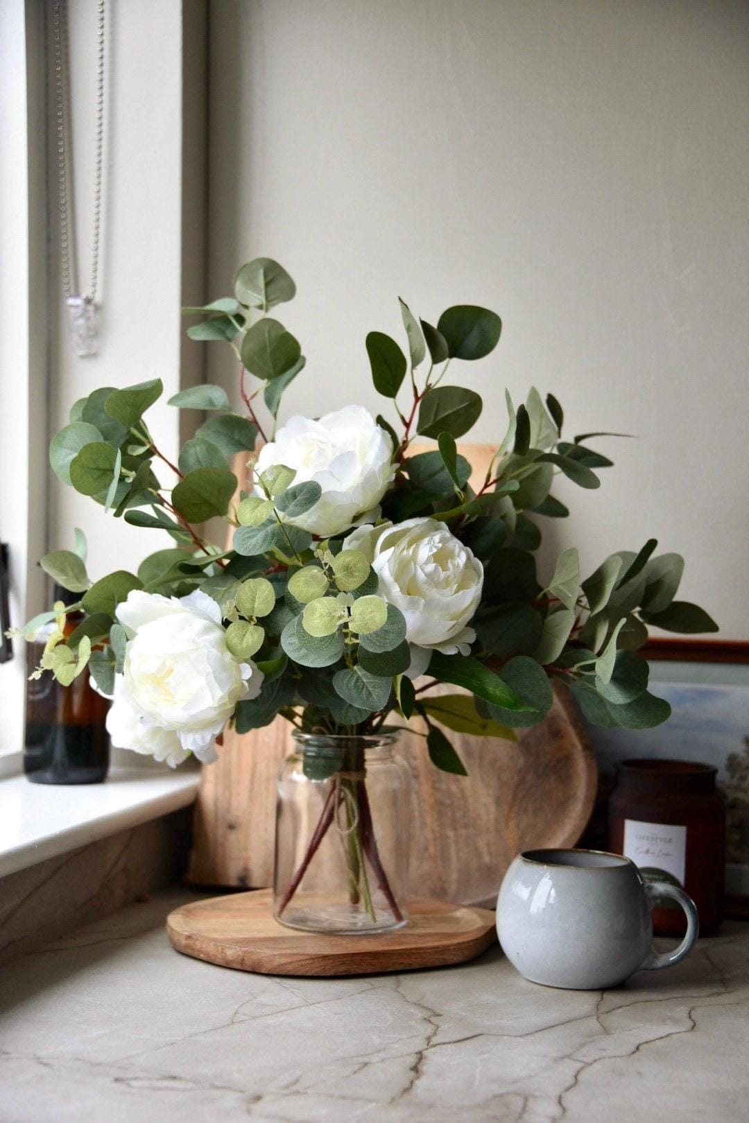 Ivory Peony Rose Flowers | Cottage Peony Rose eucalyptus | Artificial floral | Greenery | Country living | Wedding flowers | Glass