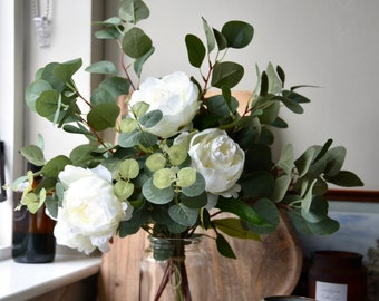 Ivory Peony Rose Flowers | Cottage Peony Rose eucalyptus | Artificial floral | Greenery | Country living | Wedding flowers | Glass